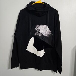 B#33 H&M Black Geometric Print Funnel Neck Sweatshirt Hoodie‎ Mens Size L